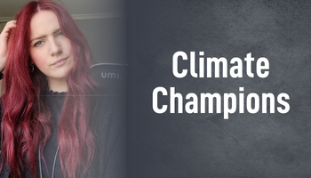 A photograph of a woman with long red hair, alongside a dark textured background and the words "Climate Champions"